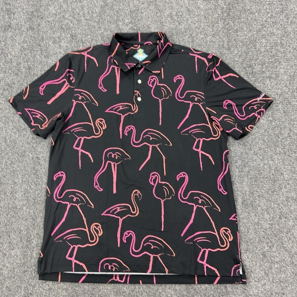 Chubbies Polo Shirt Mens M Black Flamingo Print Polyester Bamboo Tropical